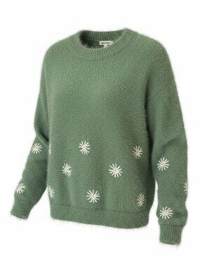 Wild Honey Green Fuzzy Daisy Crewneck Sweater  - Size Medium